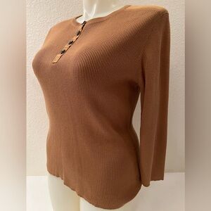 Ralph Lauren Henley Rib Knit Sweater Top XL 3/4 Sleeve  100% Cotton  Caramel Tan